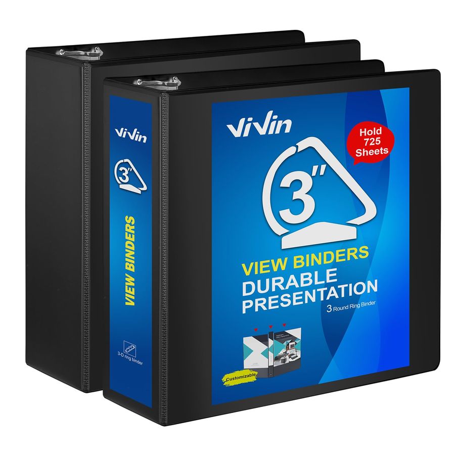 ViVin 5" D-Ring Binders - 950-Sheet Capacity, 3-Ring View Binders (2-Pack, Black)